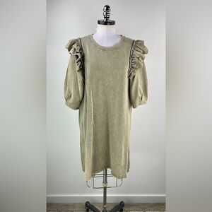 💚 3536. Ruffled Shoulder Olive Wash Terry Midi Dress